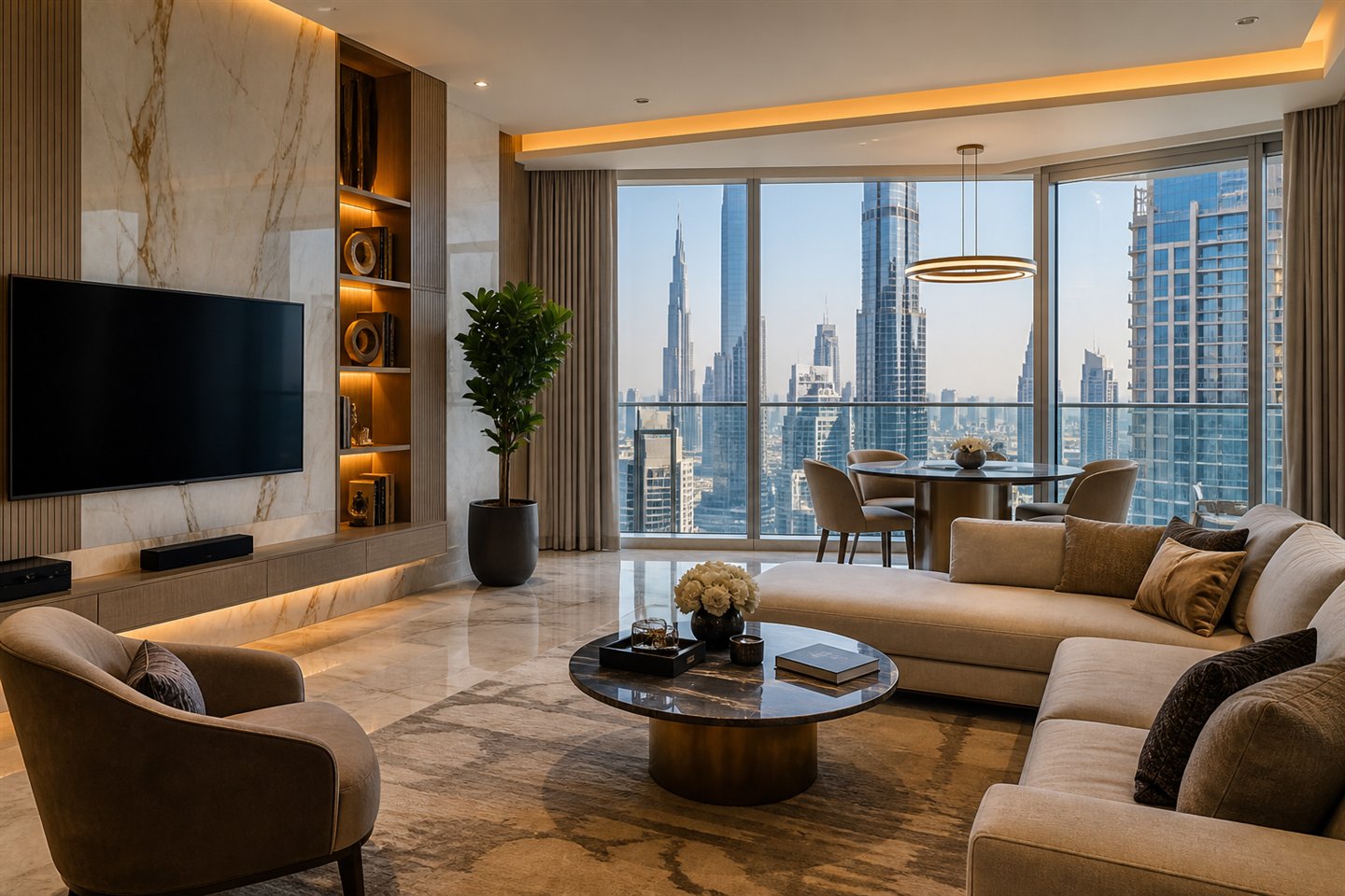 Premium serviced apartment interior with floor-to-ceiling city views