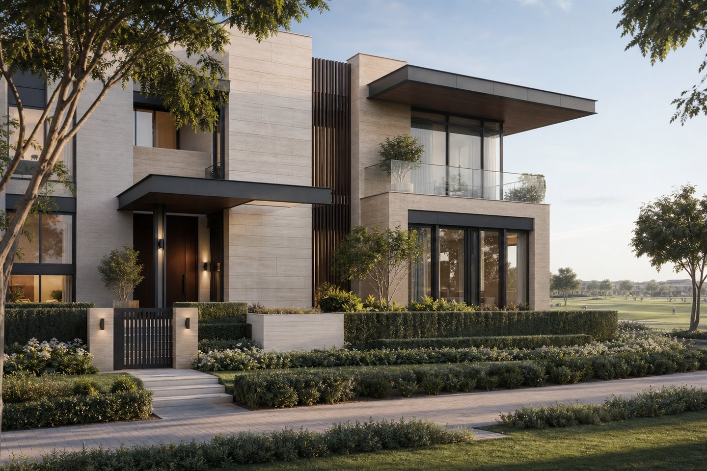 Refined Dubai Hills-style family villa with garden and modern stone facade