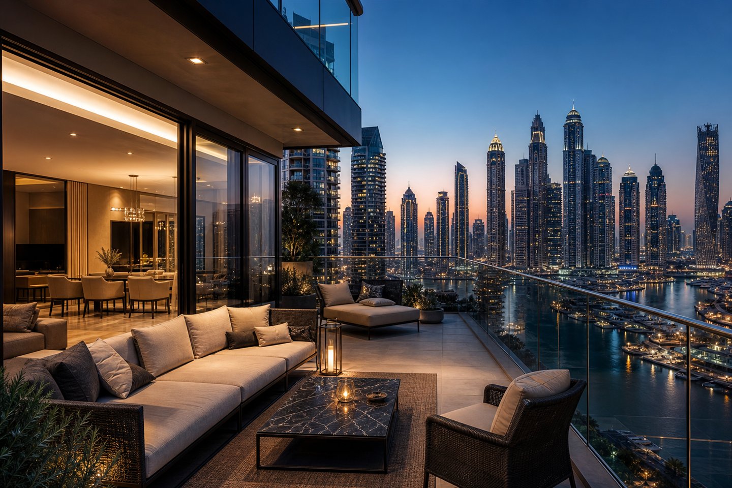 Dubai Marina penthouse terrace overlooking the skyline at blue hour
