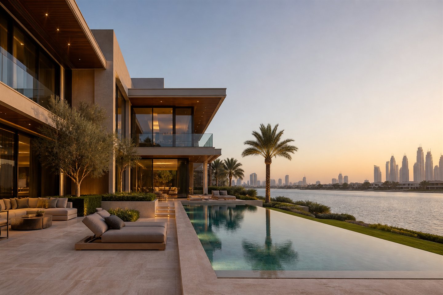 Contemporary Palm Jumeirah-style waterfront villa with private pool terrace