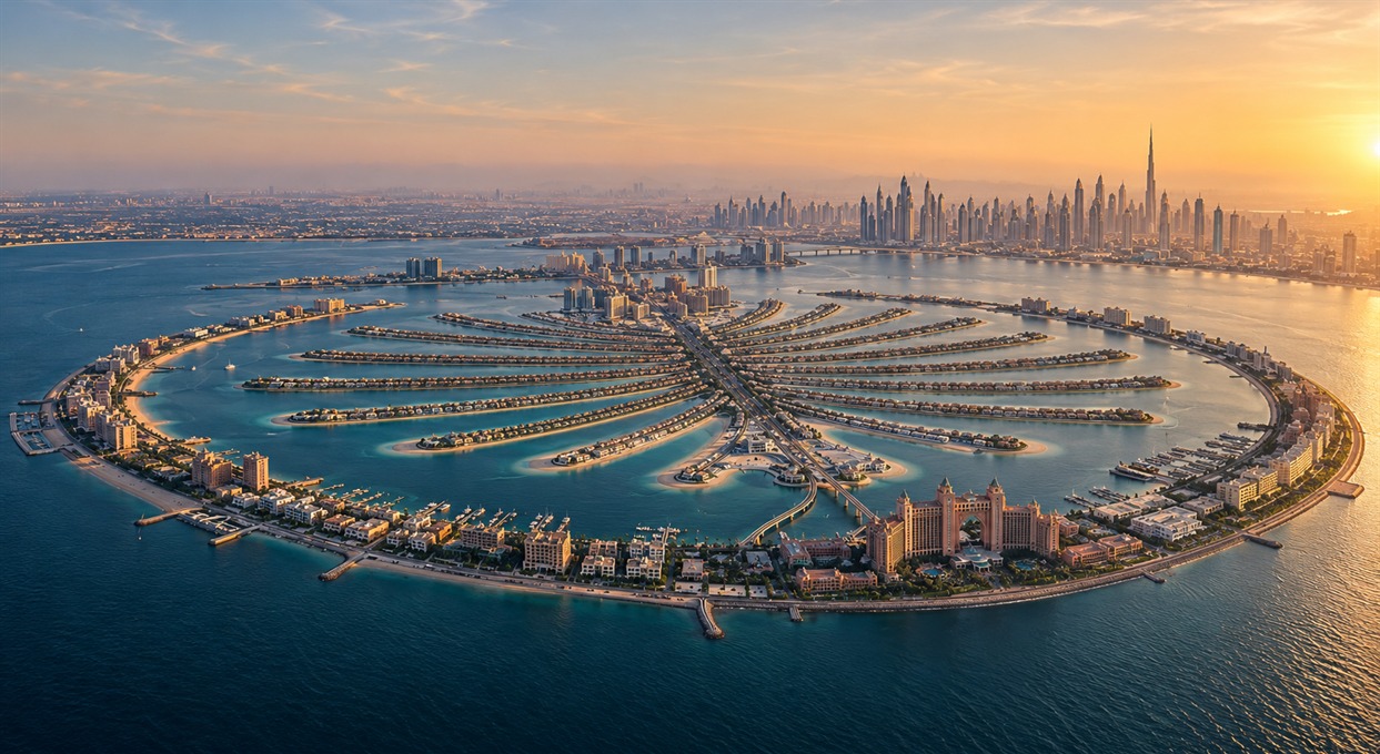 Elevated aerial view of Palm Jumeirah and the Dubai coastline