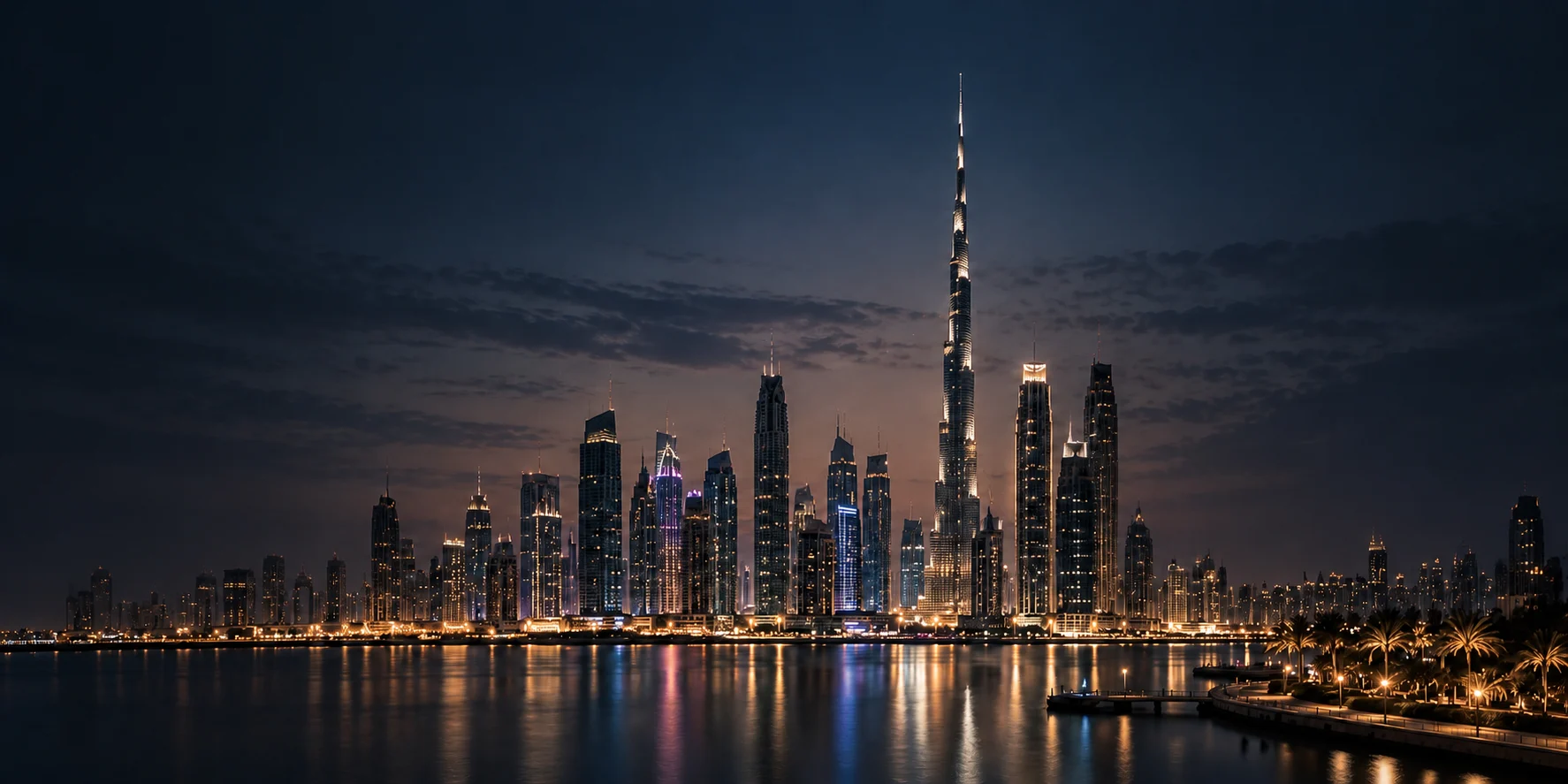 Dubai skyline and Burj Khalifa across the waterfront at blue hour