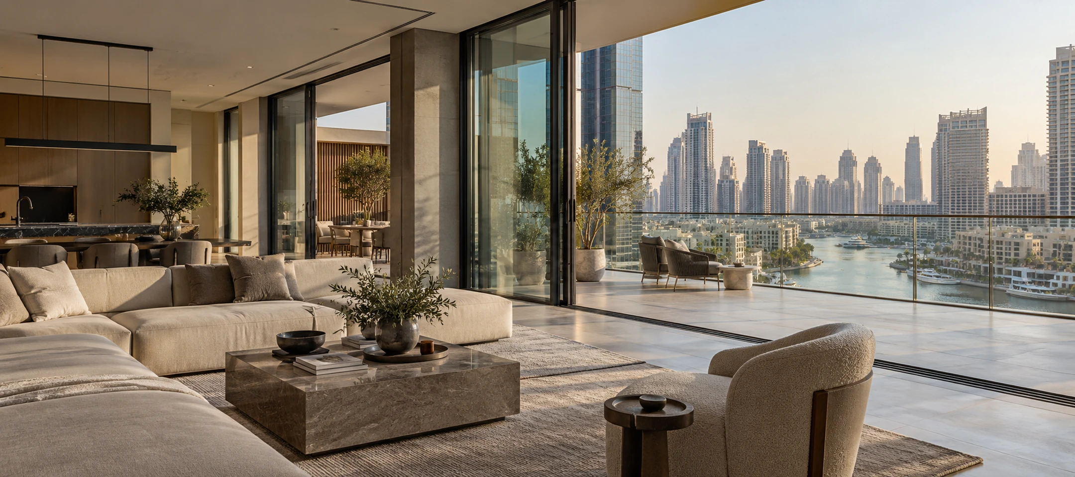 Contemporary Dubai residence framed through an open living area and terrace