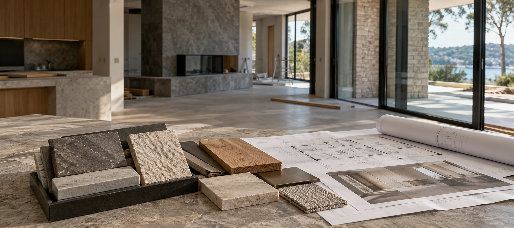 Stone and timber specifications arranged beside architectural plans in a refined residence