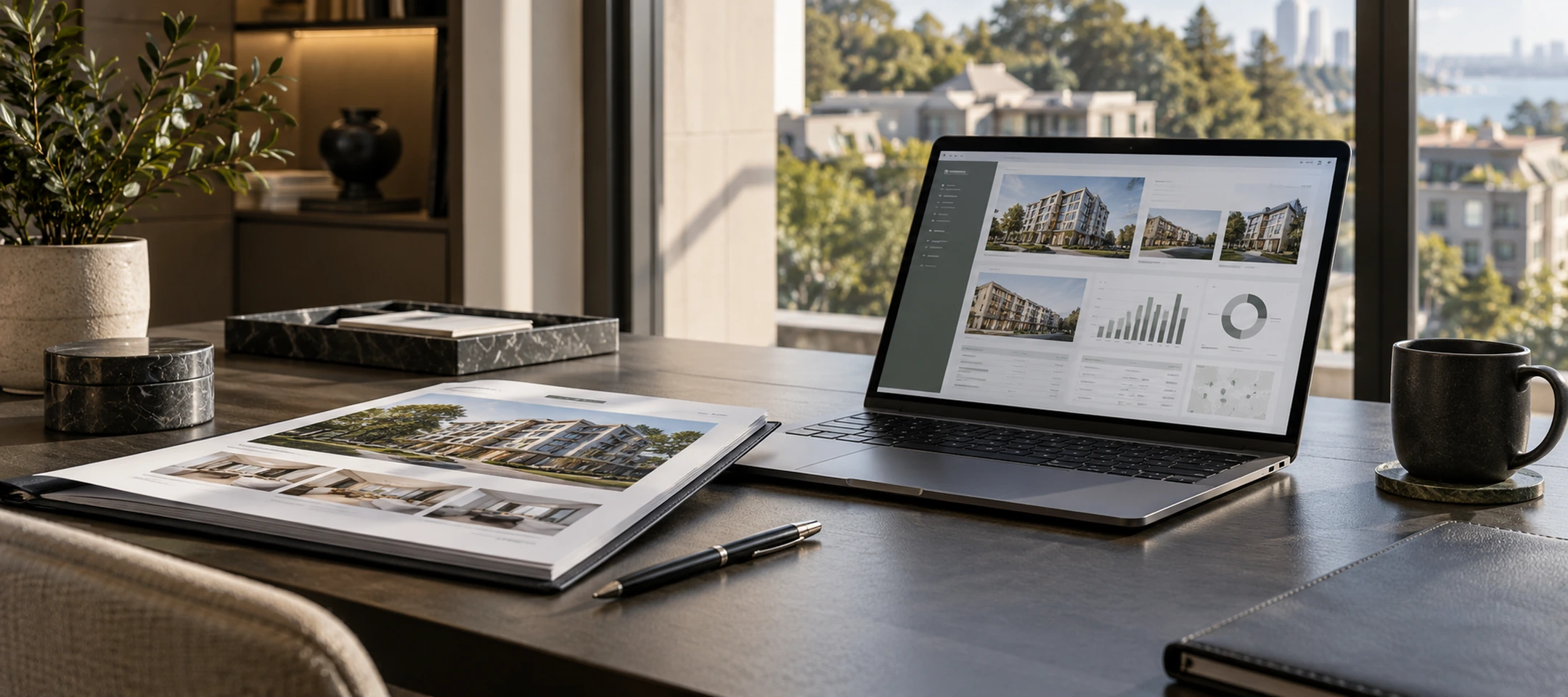 Property report and understated asset-management dashboard on a dark desk